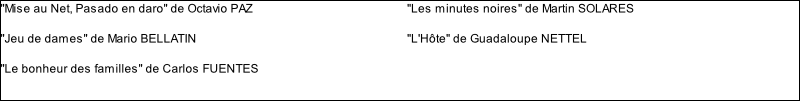 "Mise au Net, Pasado en daro" de Octavio PAZ  "Jeu de dames" de Mario BELLATIN  "Le bonheur des familles" de Carlos FUENTES  "Les minutes noires" de Martin SOLARES  "L'Hôte" de Guadaloupe NETTEL